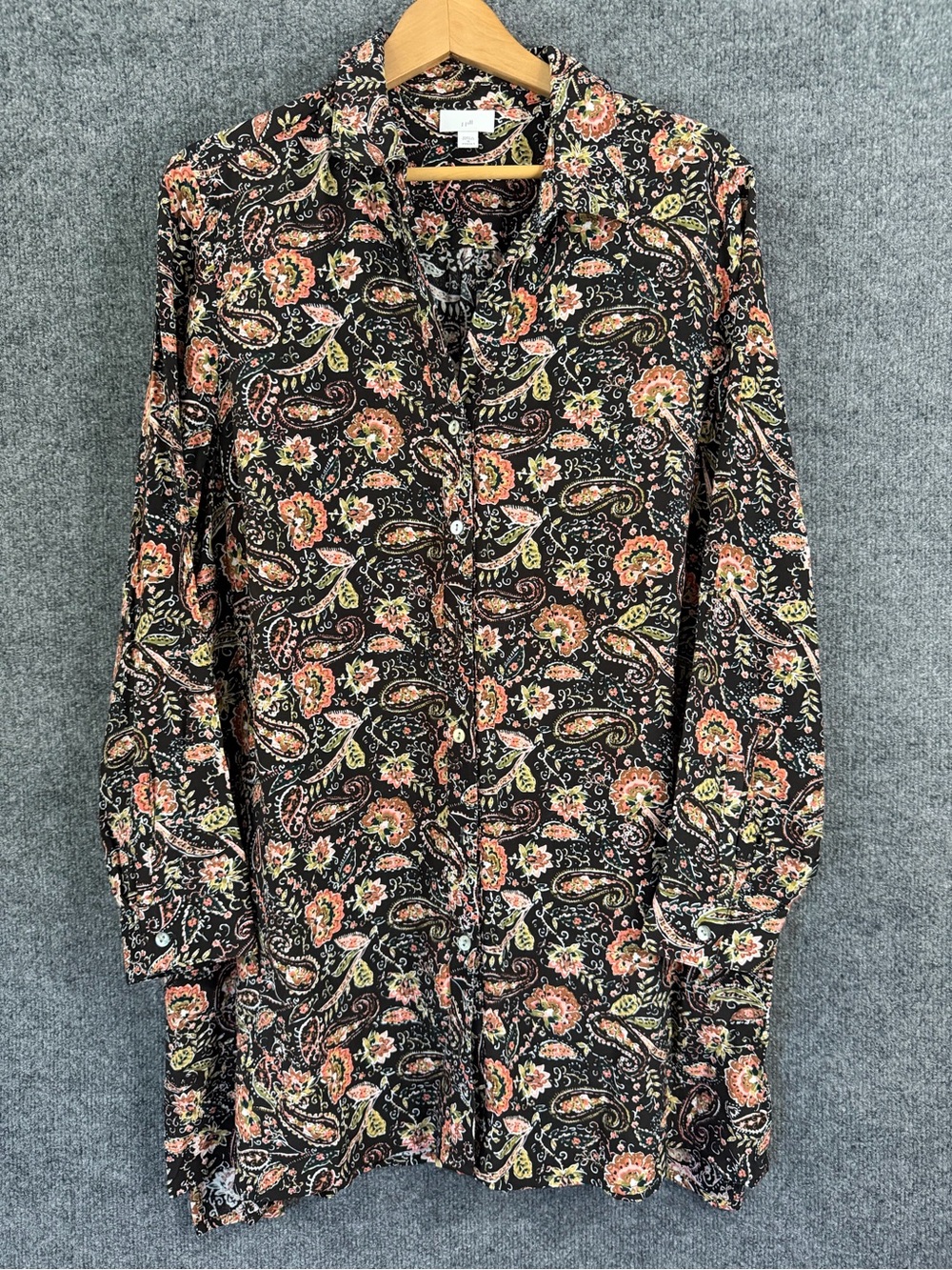 J. Jill Womens 1X Button Up Tunic Top Floral Paisley Long Sleeve Brown Peach